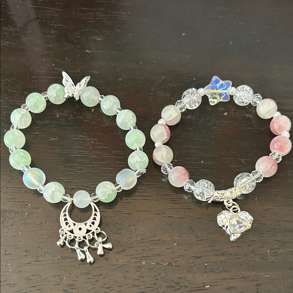 Elegant Silver and Green Beaded Bracelet Set